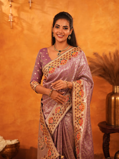 Lavender Purple Banarasi Silk Saree with Peacock Floral Embroidered Border & Zari Weaving | Premium Festive & Wedding Wear Designer Saree