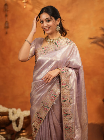 Mauve Pink Banarasi Silk Embroidered Saree with Paisley Border & Zari Weaving | Heavy Embroidered Blouse with Tassels | Wedding & Festive Wear Saree