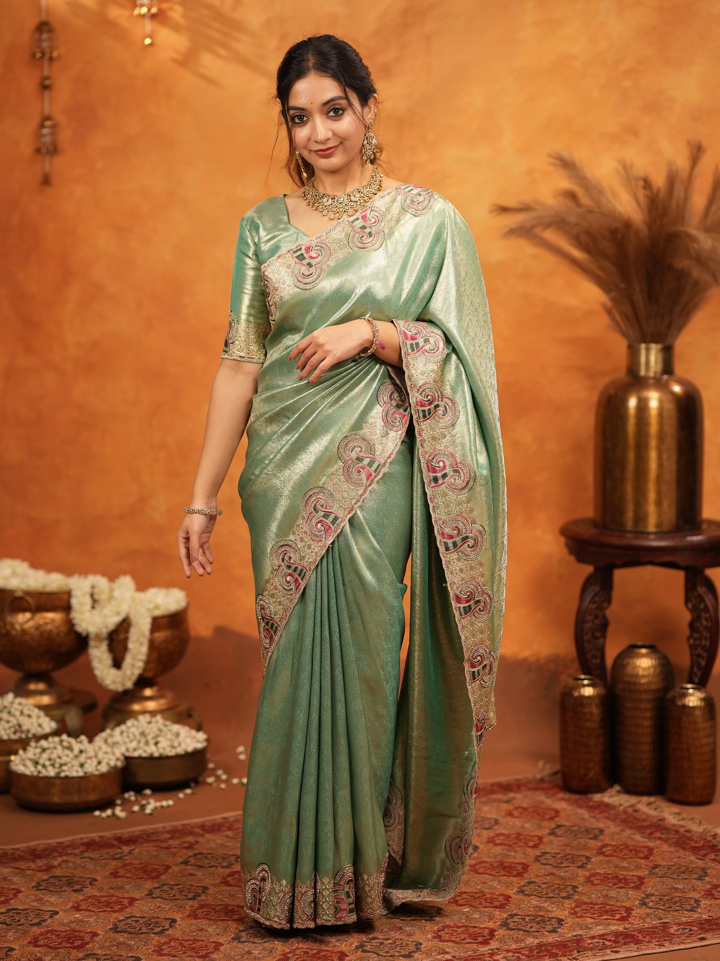 Sea Green Banarasi Silk Embroidered Saree with Paisley Border & Zari Weaving | Heavy Embroidered Blouse with Tassels | Wedding & Festive Wear Saree