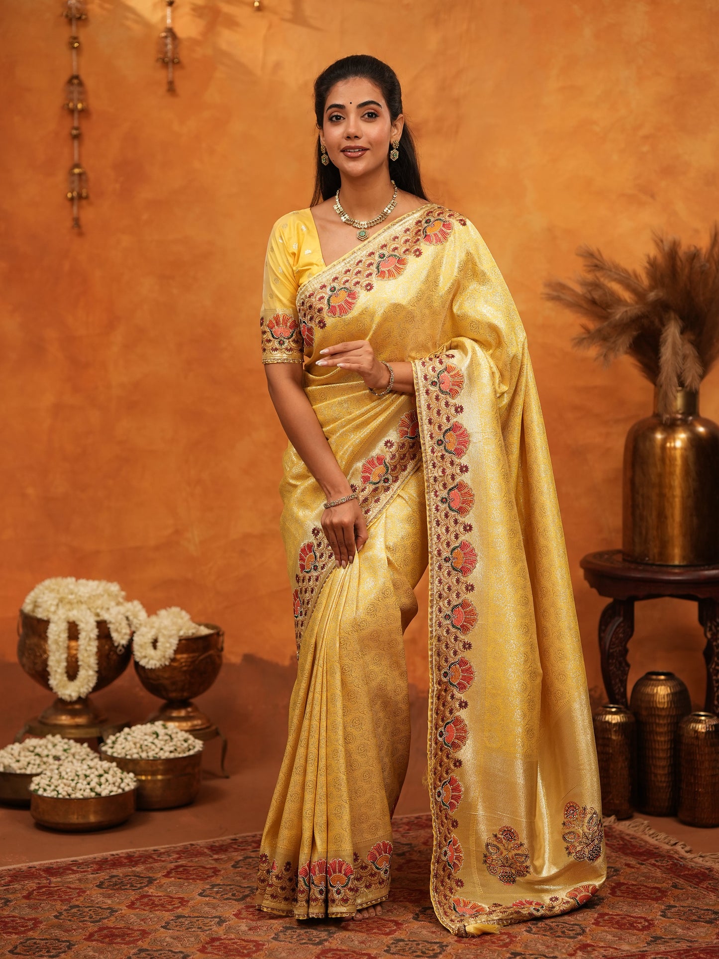 Royal Mustard Yellow Banarasi Silk Saree with Peacock Floral Embroidered Border & Zari Weaving | Festive Wedding Wear Designer Saree