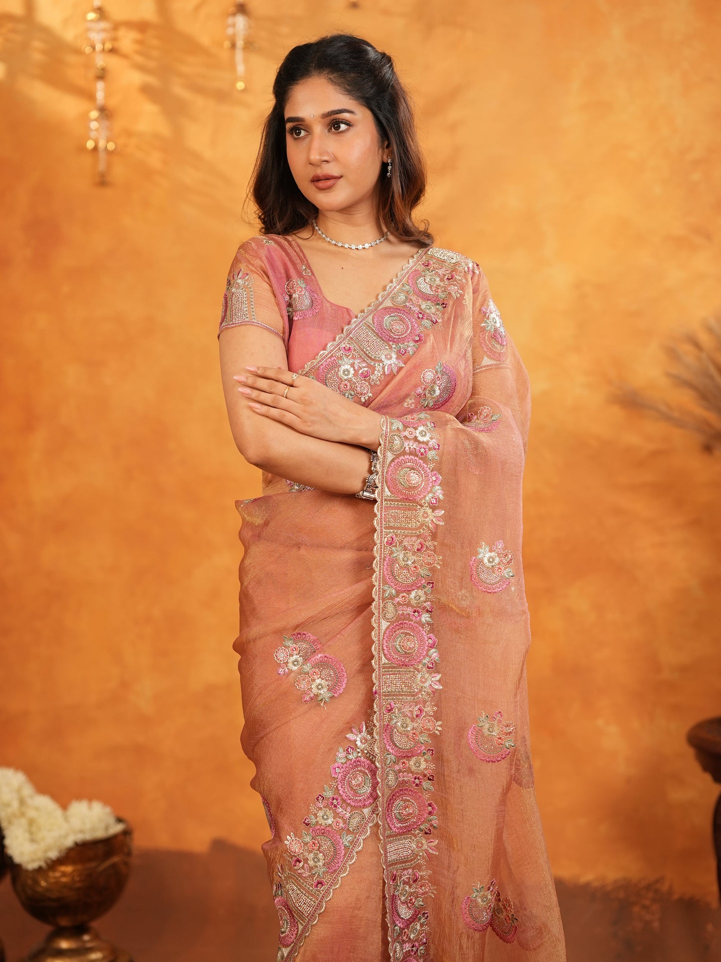 Peach Blush Fendy Satin Embroidered Saree with Multicolor Floral Border & Tassels | Elegant Designer Saree with Heavy Embroidered Blouse