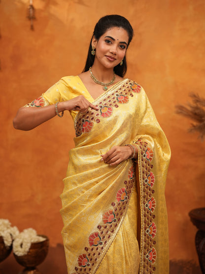 Royal Mustard Yellow Banarasi Silk Saree with Peacock Floral Embroidered Border & Zari Weaving | Festive Wedding Wear Designer Saree