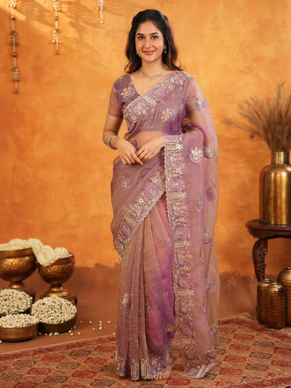 Lavender Mauve Fendy Satin Embroidered Saree with Multicolor Floral Border & Tassels | Premium Designer Saree with Heavy Embroidered Blouse