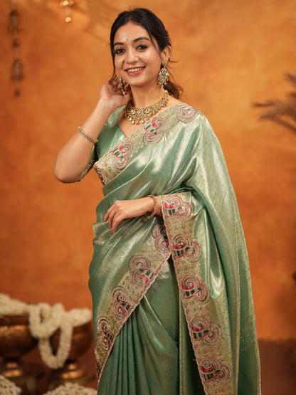 Sea Green Banarasi Silk Embroidered Saree with Paisley Border & Zari Weaving | Heavy Embroidered Blouse with Tassels | Wedding & Festive Wear Saree