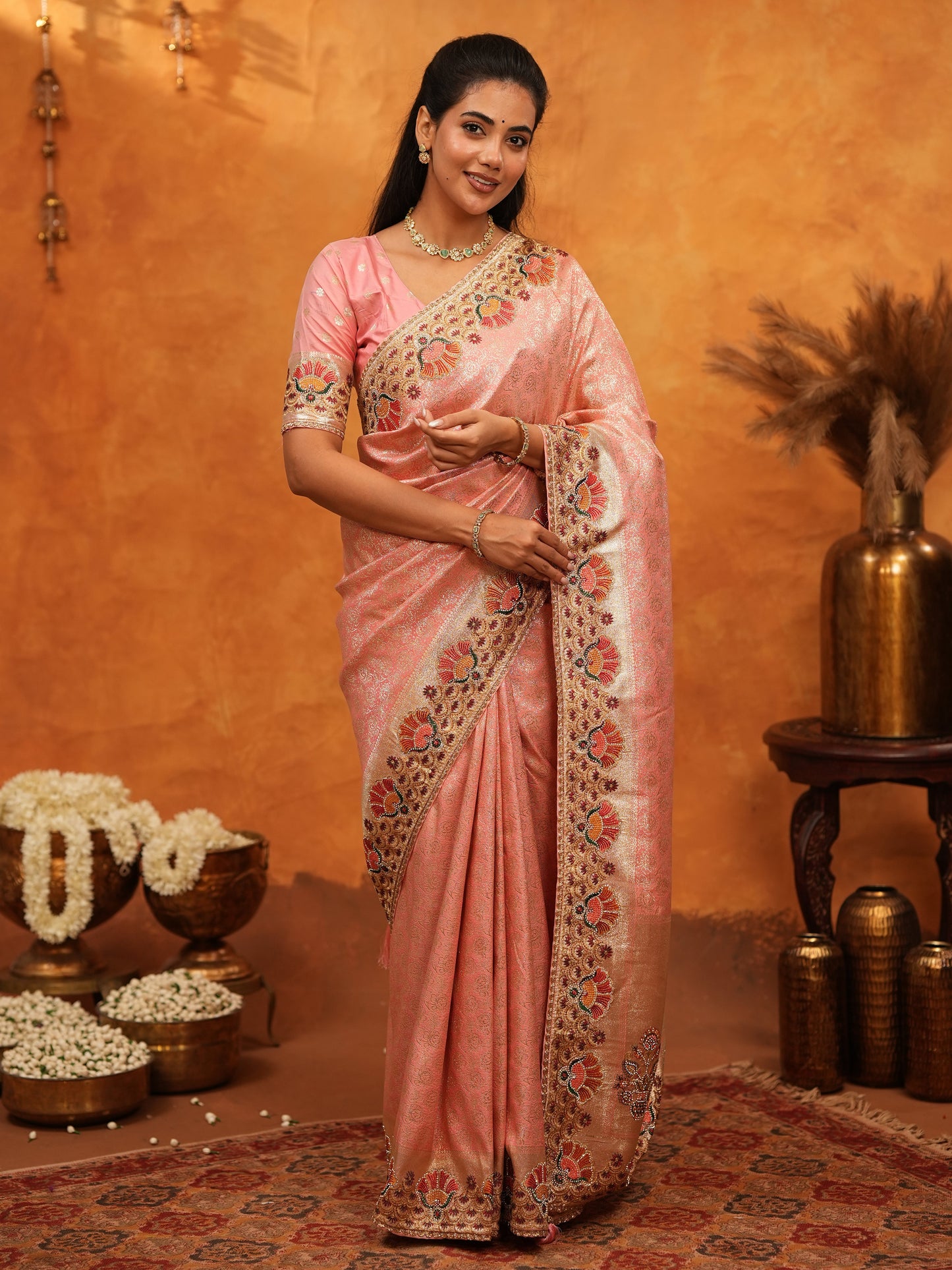 Soft Peach Pink Banarasi Silk Saree with Multicolor Peacock Floral Embroidered Border & Zari Weaving | Elegant Festive Wedding Wear Saree