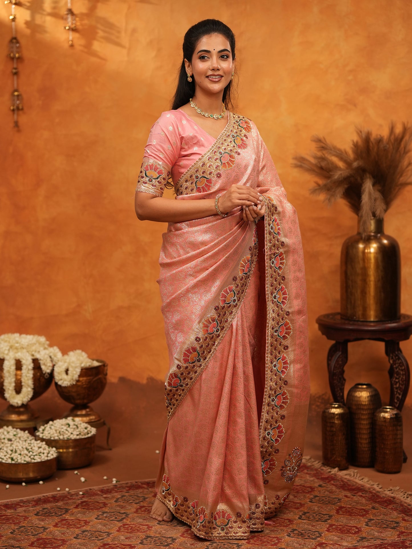 Soft Peach Pink Banarasi Silk Saree with Multicolor Peacock Floral Embroidered Border & Zari Weaving | Elegant Festive Wedding Wear Saree