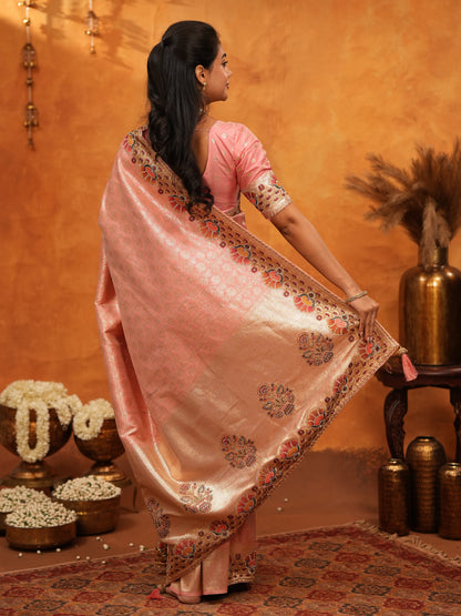 Soft Peach Pink Banarasi Silk Saree with Multicolor Peacock Floral Embroidered Border & Zari Weaving | Elegant Festive Wedding Wear Saree