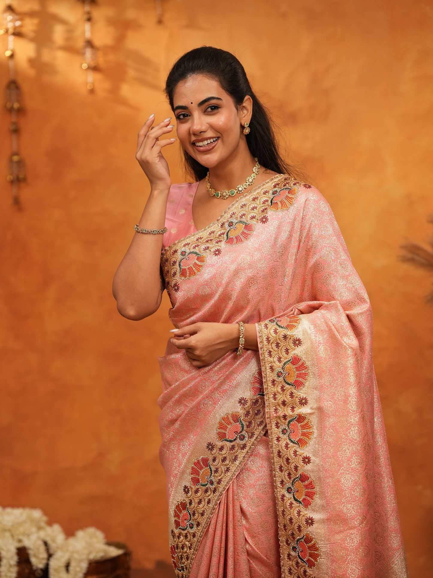 Soft Peach Pink Banarasi Silk Saree with Multicolor Peacock Floral Embroidered Border & Zari Weaving | Elegant Festive Wedding Wear Saree