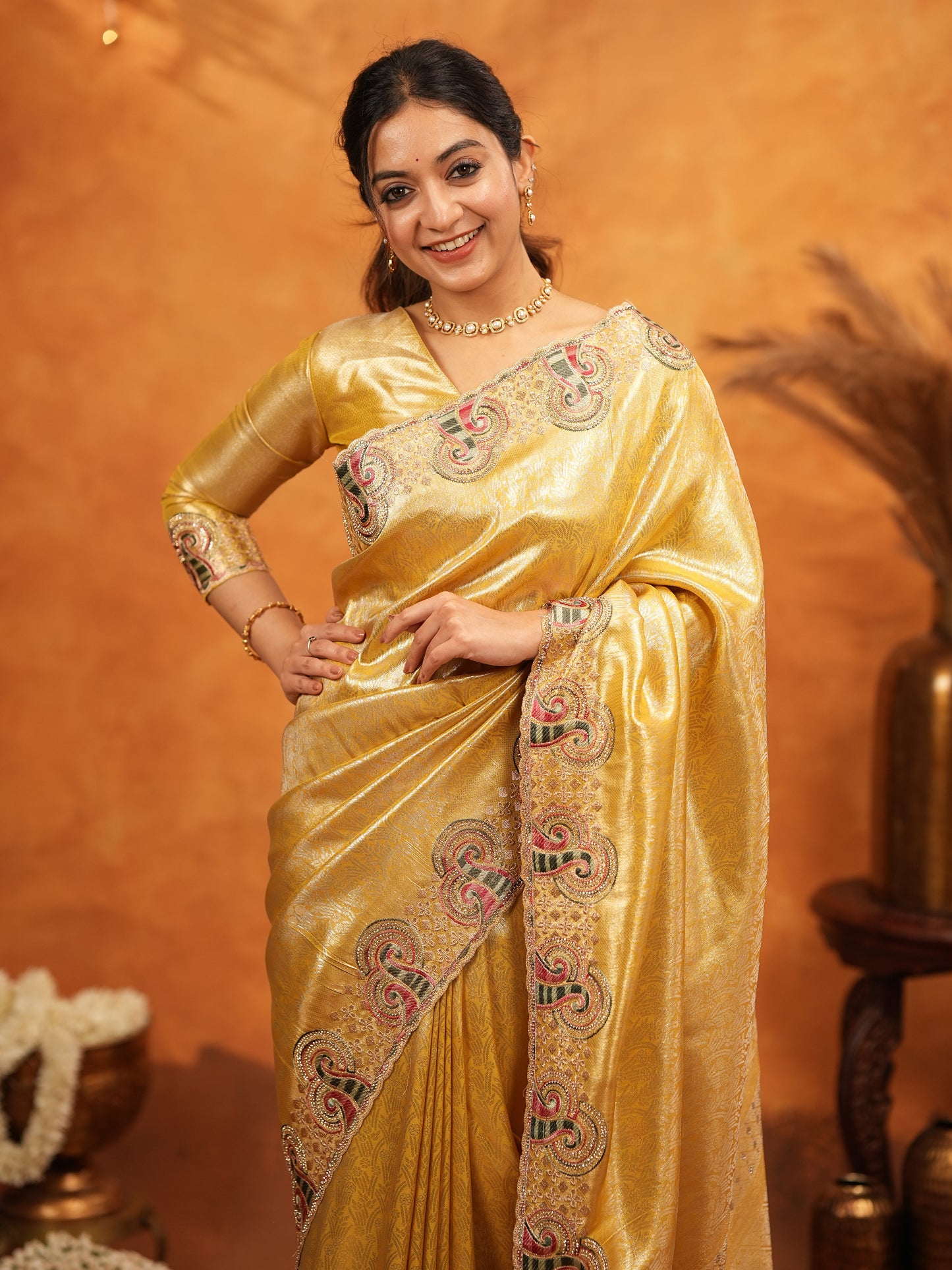 Golden Yellow Banarasi Silk Embroidered Saree with Paisley Border & Zari Weaving | Heavy Embroidered Blouse with Tassels | Wedding & Festive Wear Saree