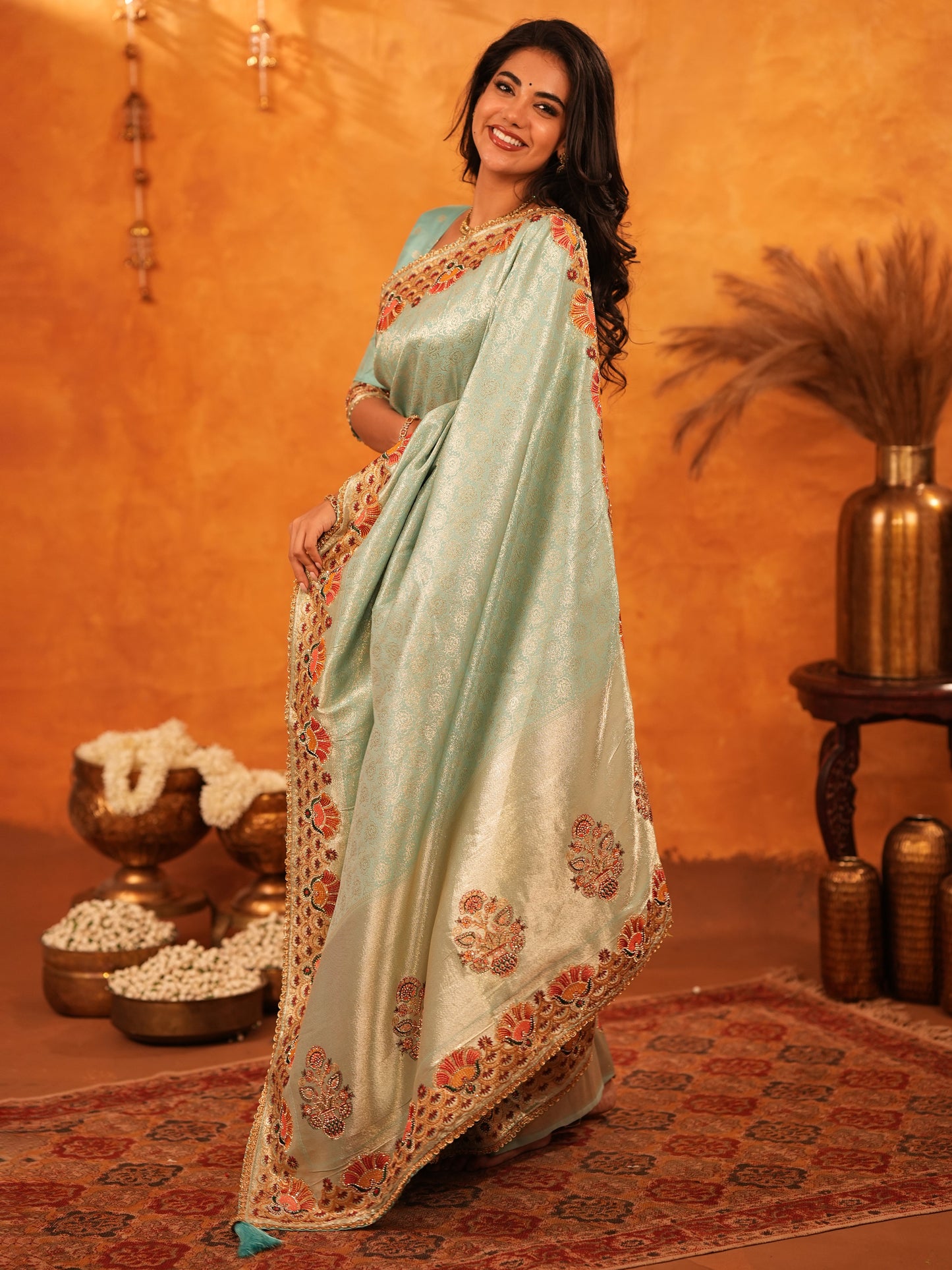 Mint Green Banarasi Silk Saree with Peacock Floral Embroidered Border & Zari Weaving | Elegant Festive & Wedding Wear Designer Saree