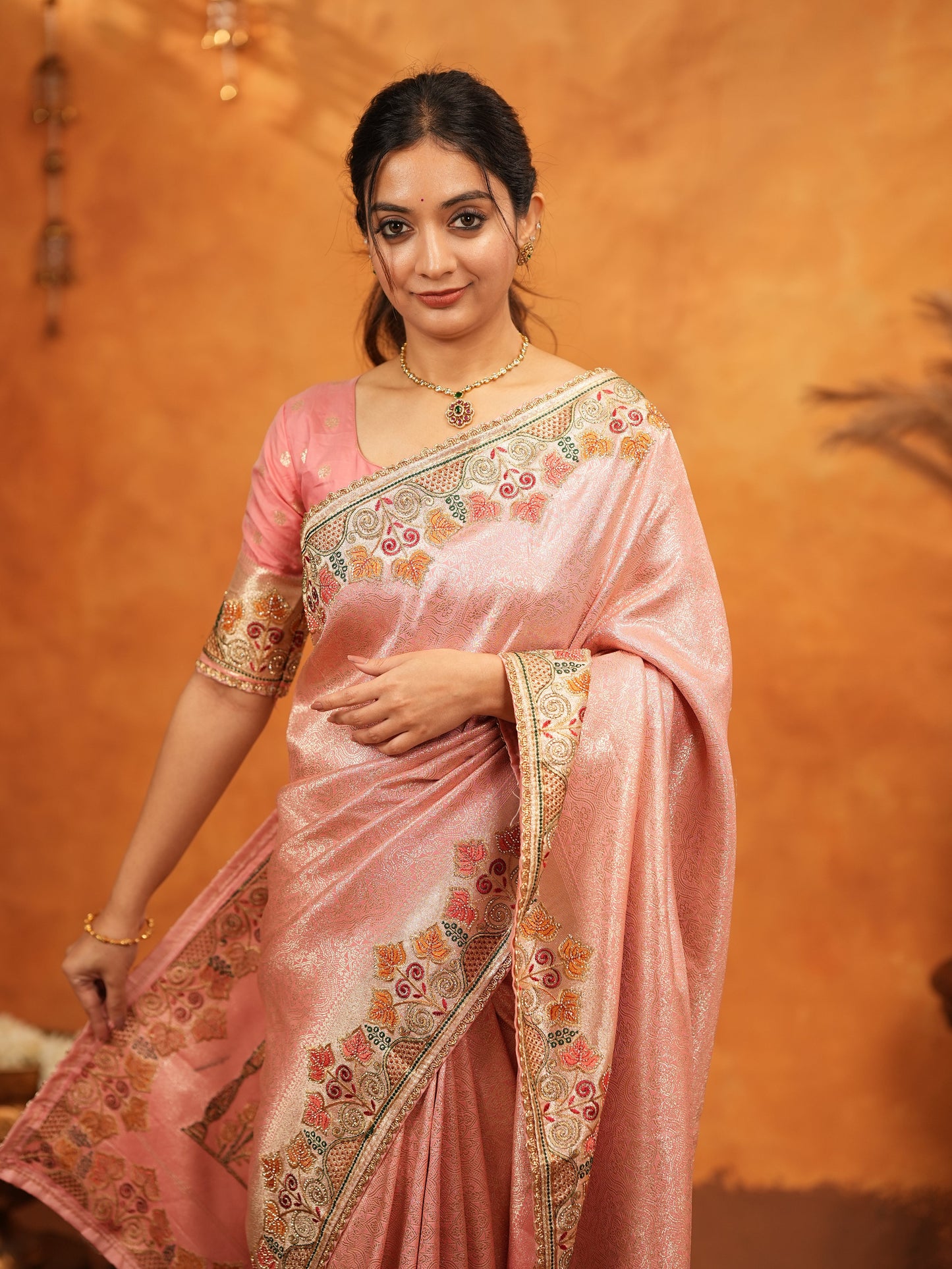 Blush Pink Banarasi Silk Embroidered Saree with Multicolor Floral Border & Zari Weaving | Heavy Embroidered Blouse with Tassels | Wedding & Festive Wear Saree