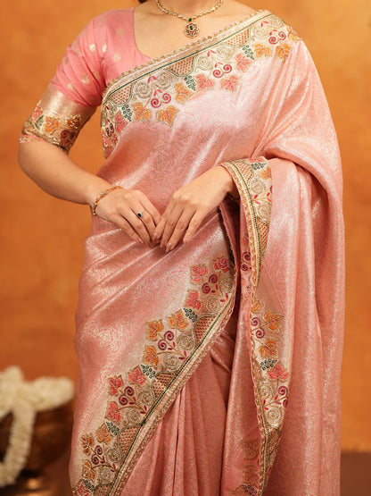 Blush Pink Banarasi Silk Embroidered Saree with Multicolor Floral Border & Zari Weaving | Heavy Embroidered Blouse with Tassels | Wedding & Festive Wear Saree
