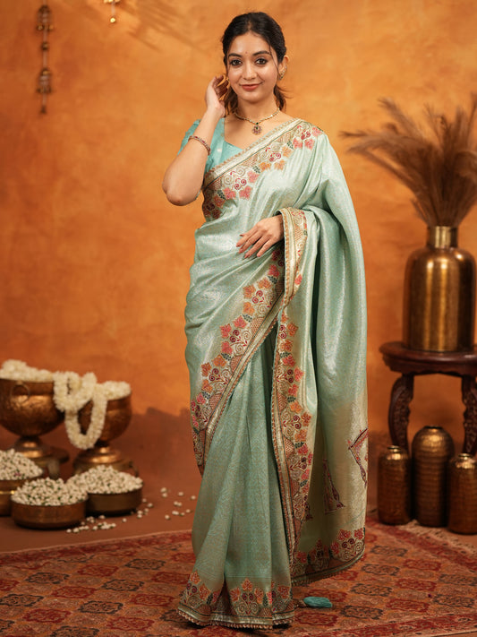 Mint Green Banarasi Silk Embroidered Saree with Multicolor Floral Border & Zari Weaving | Heavy Embroidered Blouse with Tassels | Wedding & Festive Wear Saree