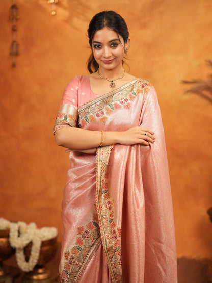 Blush Pink Banarasi Silk Embroidered Saree with Multicolor Floral Border & Zari Weaving | Heavy Embroidered Blouse with Tassels | Wedding & Festive Wear Saree