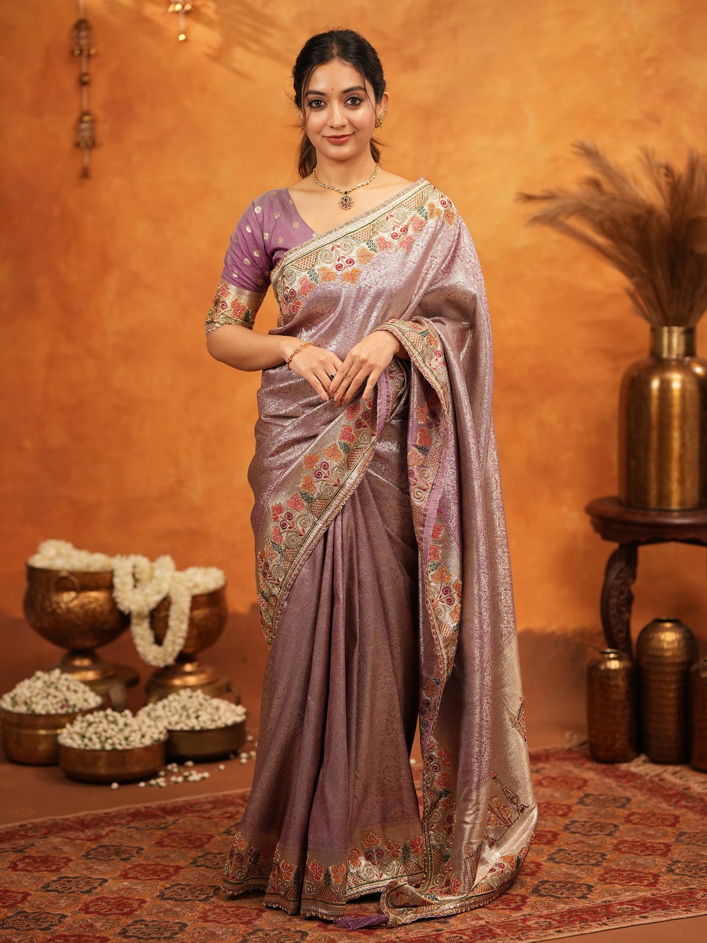 Dusty Mauve Banarasi Silk Embroidered Saree with Multicolor Floral Border & Zari Weaving | Heavy Embroidered Blouse with Tassels | Wedding & Festive Wear Saree