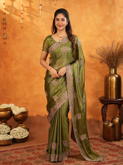 Olive Green Fendy Satin Embroidered Saree with Intricate Floral Border & Tassels | Designer Saree with Heavy Embroidered Blouse
