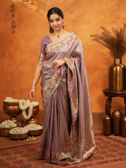 Dusty Mauve Banarasi Silk Embroidered Saree with Multicolor Floral Border & Zari Weaving | Heavy Embroidered Blouse with Tassels | Wedding & Festive Wear Saree