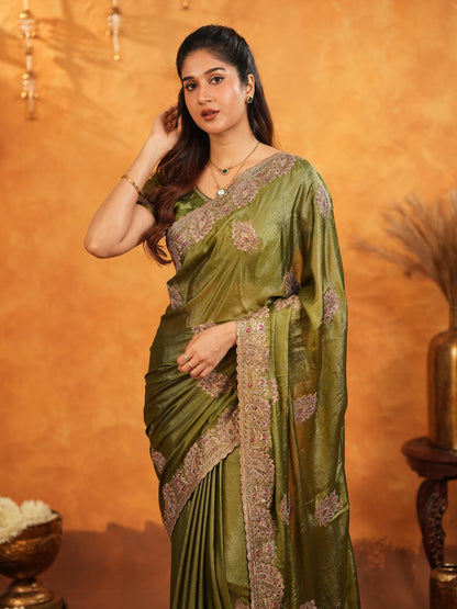 Olive Green Fendy Satin Embroidered Saree with Intricate Floral Border & Tassels | Designer Saree with Heavy Embroidered Blouse