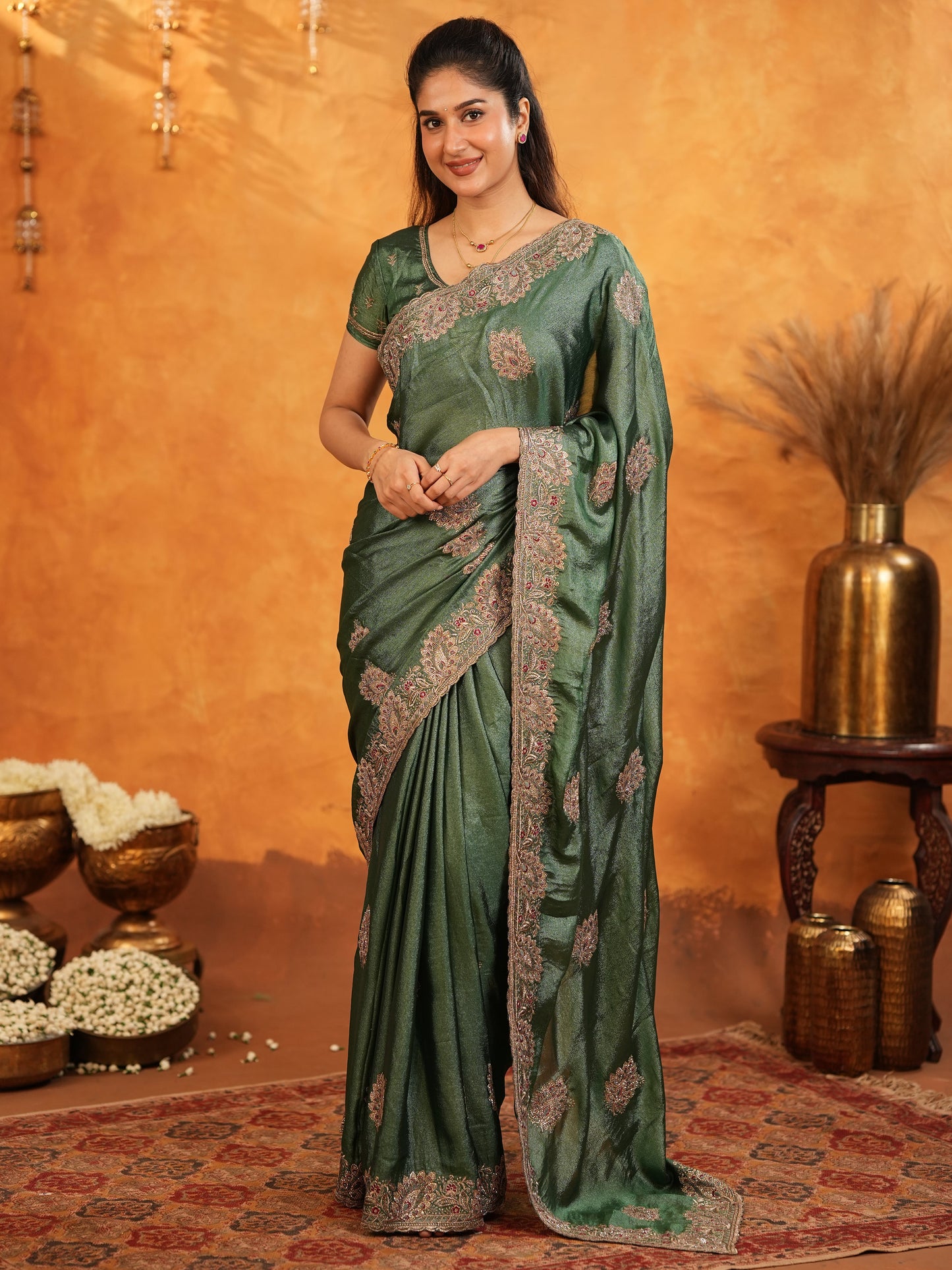 Bottle Green Fendy Satin Embroidered Saree with Intricate Floral Border & Tassels | Designer Saree with Heavy Embroidered Blouse