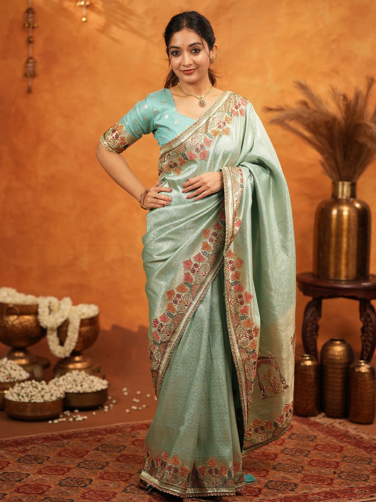 Mint Green Banarasi Silk Embroidered Saree with Multicolor Floral Border & Zari Weaving | Heavy Embroidered Blouse with Tassels | Wedding & Festive Wear Saree