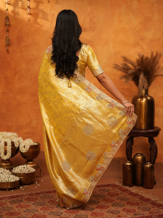 Rich Mustard Gold Banarasi Silk Saree with Elegant Floral Embroidered Border & Zari Weaving | Premium Festive Wedding Wear Saree