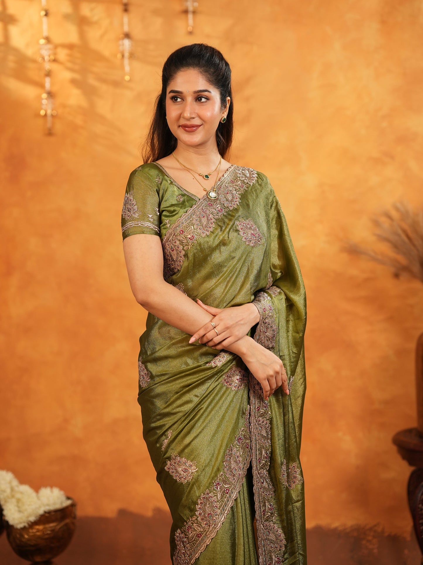 Olive Green Fendy Satin Embroidered Saree with Intricate Floral Border & Tassels | Designer Saree with Heavy Embroidered Blouse