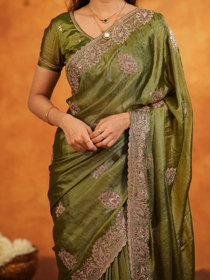 Olive Green Fendy Satin Embroidered Saree with Intricate Floral Border & Tassels | Designer Saree with Heavy Embroidered Blouse