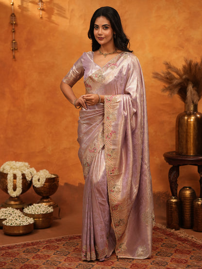 Elegant Lavender Pink Banarasi Silk Saree with Delicate Floral Embroidered Border & Zari Weaving | Premium Pastel Wedding & Festive Wear Saree