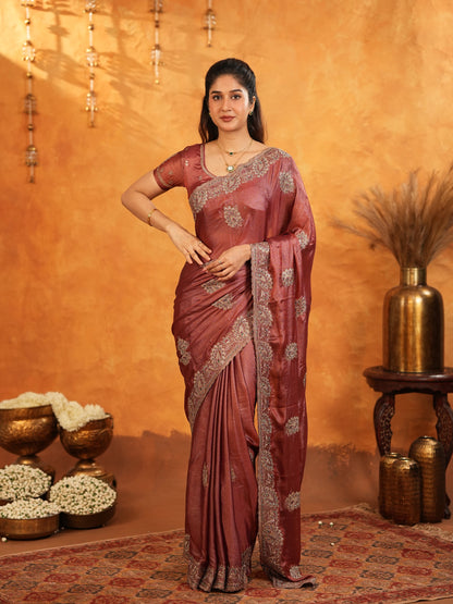 Wine Maroon Fendy Satin Embroidered Saree with Rich Floral Border & Tassels | Designer Saree with Heavy Embroidered Blouse