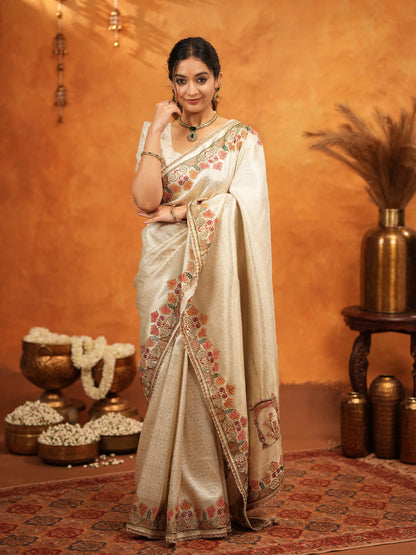 Ivory Cream Banarasi Silk Embroidered Saree with Multicolor Floral Border & Zari Weaving | Heavy Embroidered Blouse with Tassels | Wedding & Festive Wear Saree