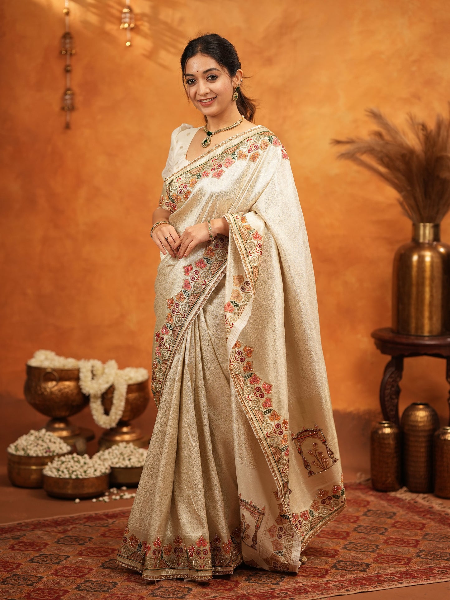 Ivory Cream Banarasi Silk Embroidered Saree with Multicolor Floral Border & Zari Weaving | Heavy Embroidered Blouse with Tassels | Wedding & Festive Wear Saree