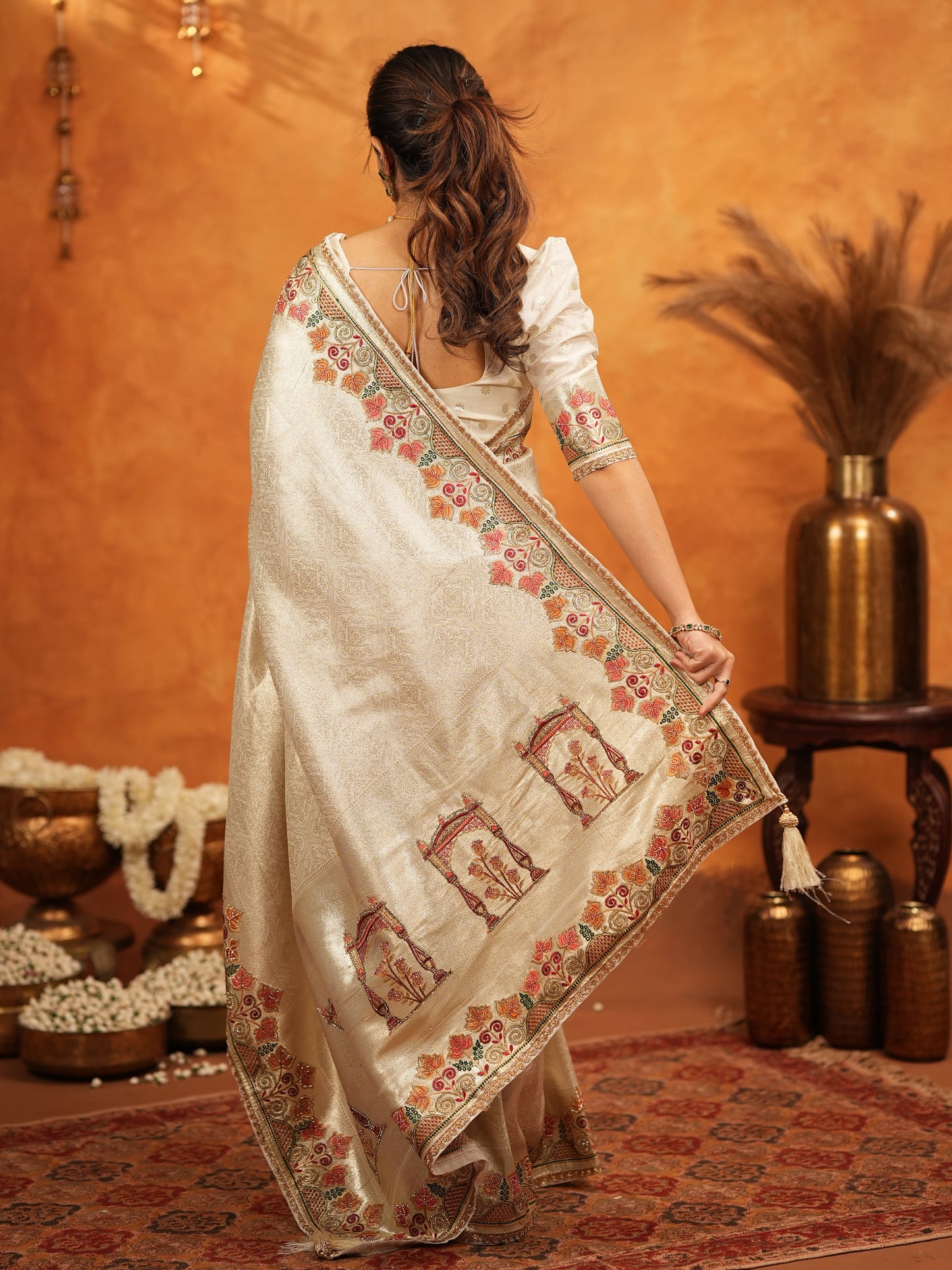 Ivory Cream Banarasi Silk Embroidered Saree with Multicolor Floral Border & Zari Weaving | Heavy Embroidered Blouse with Tassels | Wedding & Festive Wear Saree
