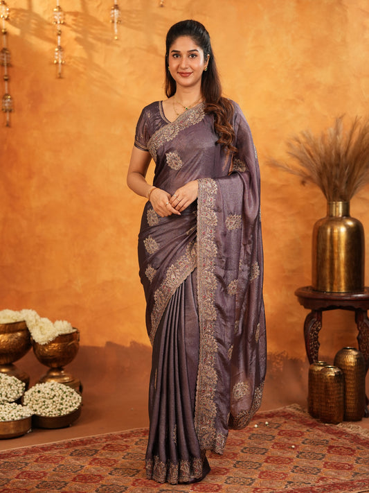 Coffee Brown Fendy Satin Embroidered Saree with Rich Floral Border & Tassels | Designer Saree with Heavy Embroidered Blouse