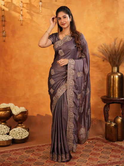 Coffee Brown Fendy Satin Embroidered Saree with Rich Floral Border & Tassels | Designer Saree with Heavy Embroidered Blouse