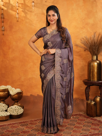 Coffee Brown Fendy Satin Embroidered Saree with Rich Floral Border & Tassels | Designer Saree with Heavy Embroidered Blouse
