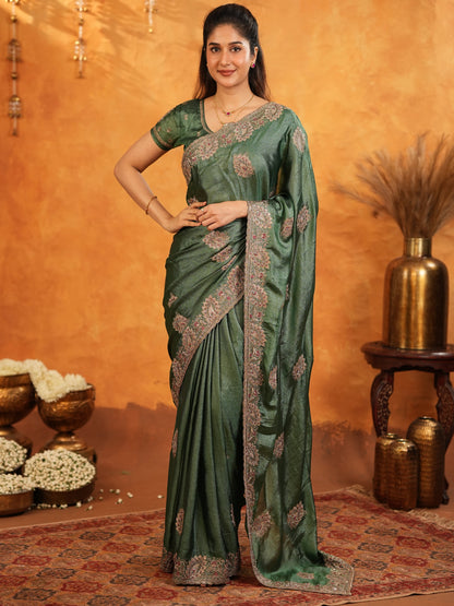 Bottle Green Fendy Satin Embroidered Saree with Intricate Floral Border & Tassels | Designer Saree with Heavy Embroidered Blouse