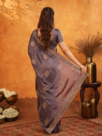 Coffee Brown Fendy Satin Embroidered Saree with Rich Floral Border & Tassels | Designer Saree with Heavy Embroidered Blouse