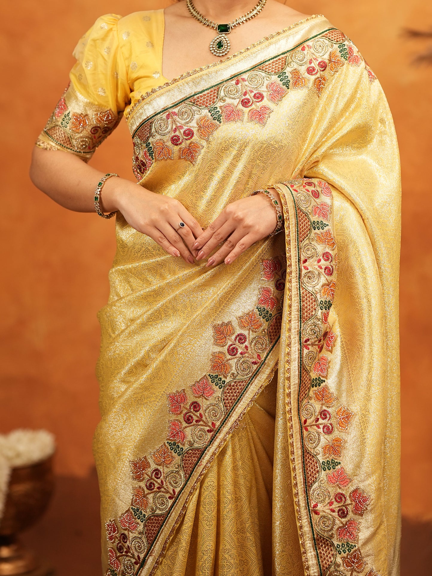 Sunshine Yellow Banarasi Silk Embroidered Saree with Multicolor Floral Border & Zari Weaving | Heavy Embroidered Blouse with Tassels | Wedding & Festive Wear Saree