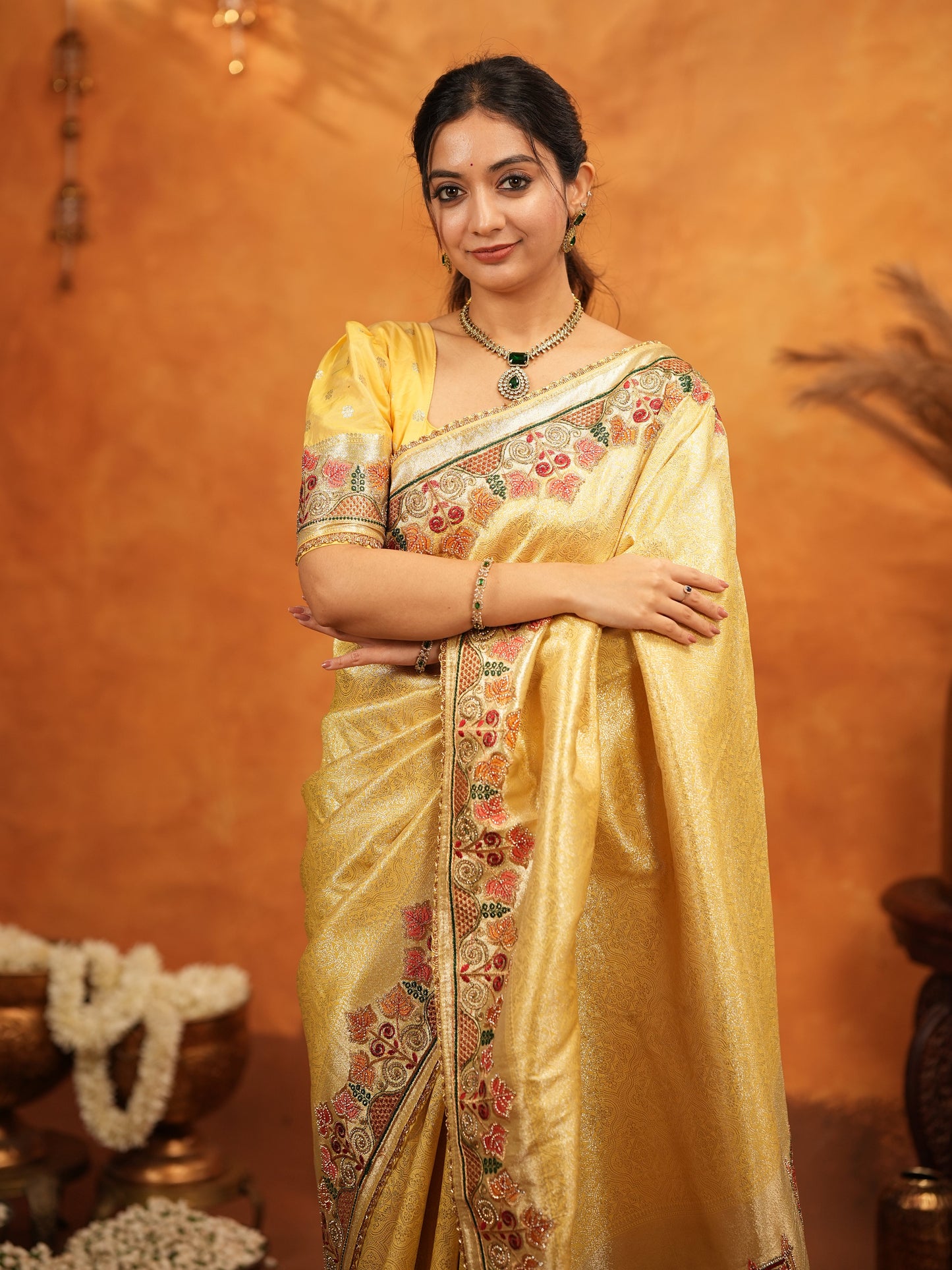 Sunshine Yellow Banarasi Silk Embroidered Saree with Multicolor Floral Border & Zari Weaving | Heavy Embroidered Blouse with Tassels | Wedding & Festive Wear Saree
