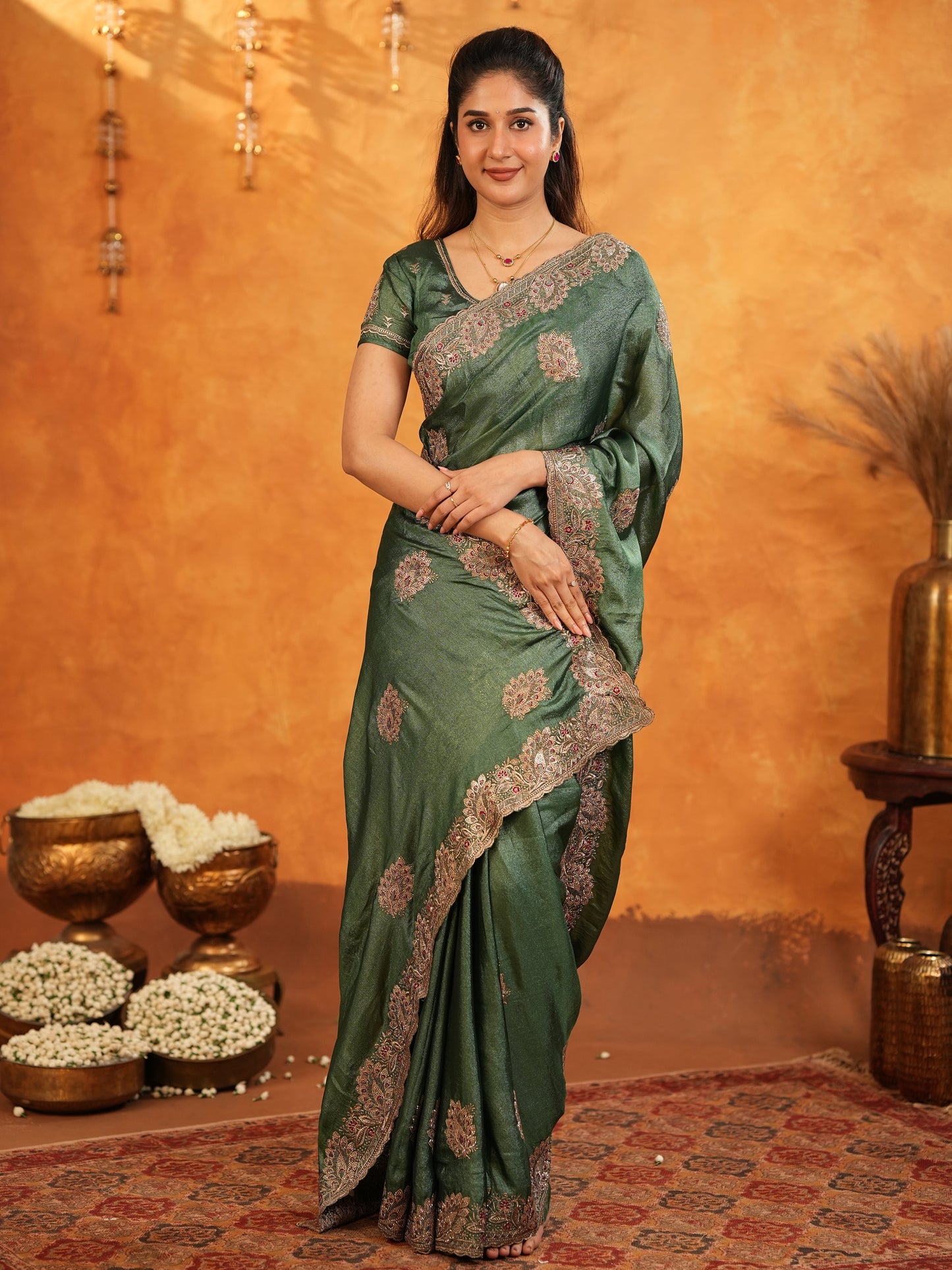 Bottle Green Fendy Satin Embroidered Saree with Intricate Floral Border & Tassels | Designer Saree with Heavy Embroidered Blouse