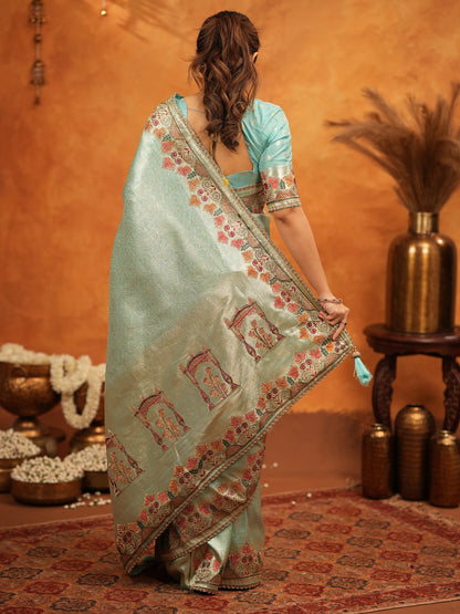 Mint Green Banarasi Silk Embroidered Saree with Multicolor Floral Border & Zari Weaving | Heavy Embroidered Blouse with Tassels | Wedding & Festive Wear Saree