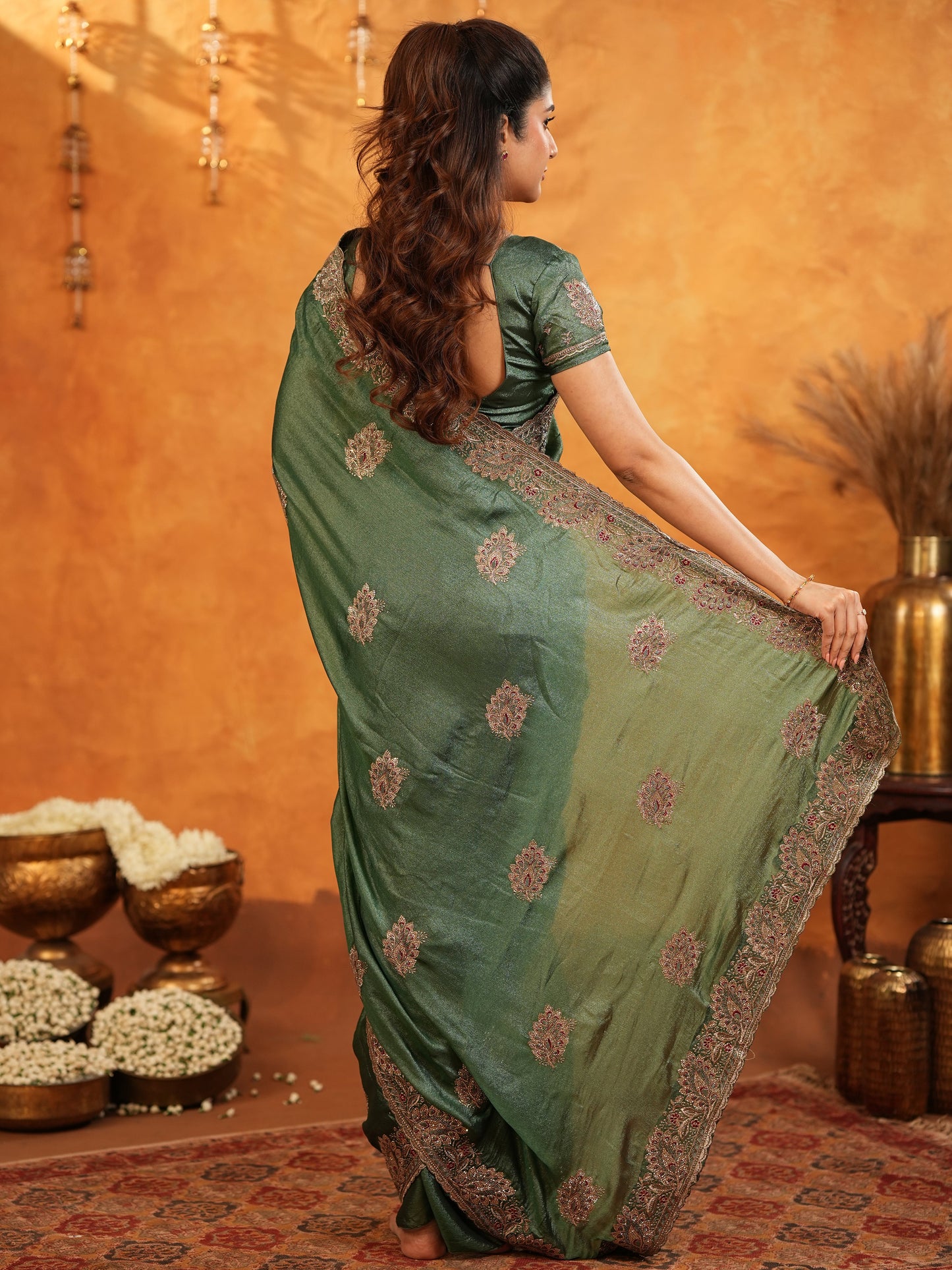 Bottle Green Fendy Satin Embroidered Saree with Intricate Floral Border & Tassels | Designer Saree with Heavy Embroidered Blouse
