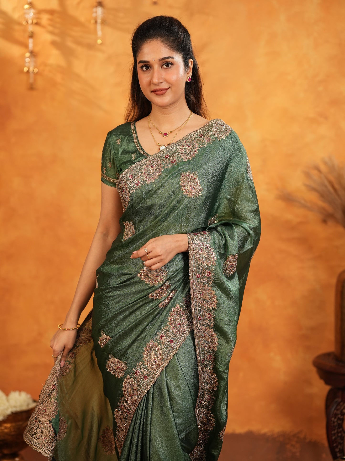 Bottle Green Fendy Satin Embroidered Saree with Intricate Floral Border & Tassels | Designer Saree with Heavy Embroidered Blouse