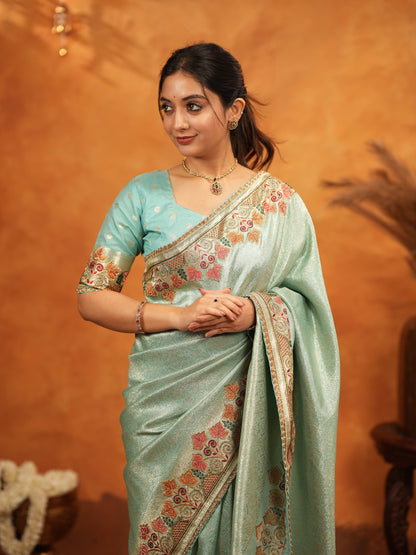 Mint Green Banarasi Silk Embroidered Saree with Multicolor Floral Border & Zari Weaving | Heavy Embroidered Blouse with Tassels | Wedding & Festive Wear Saree