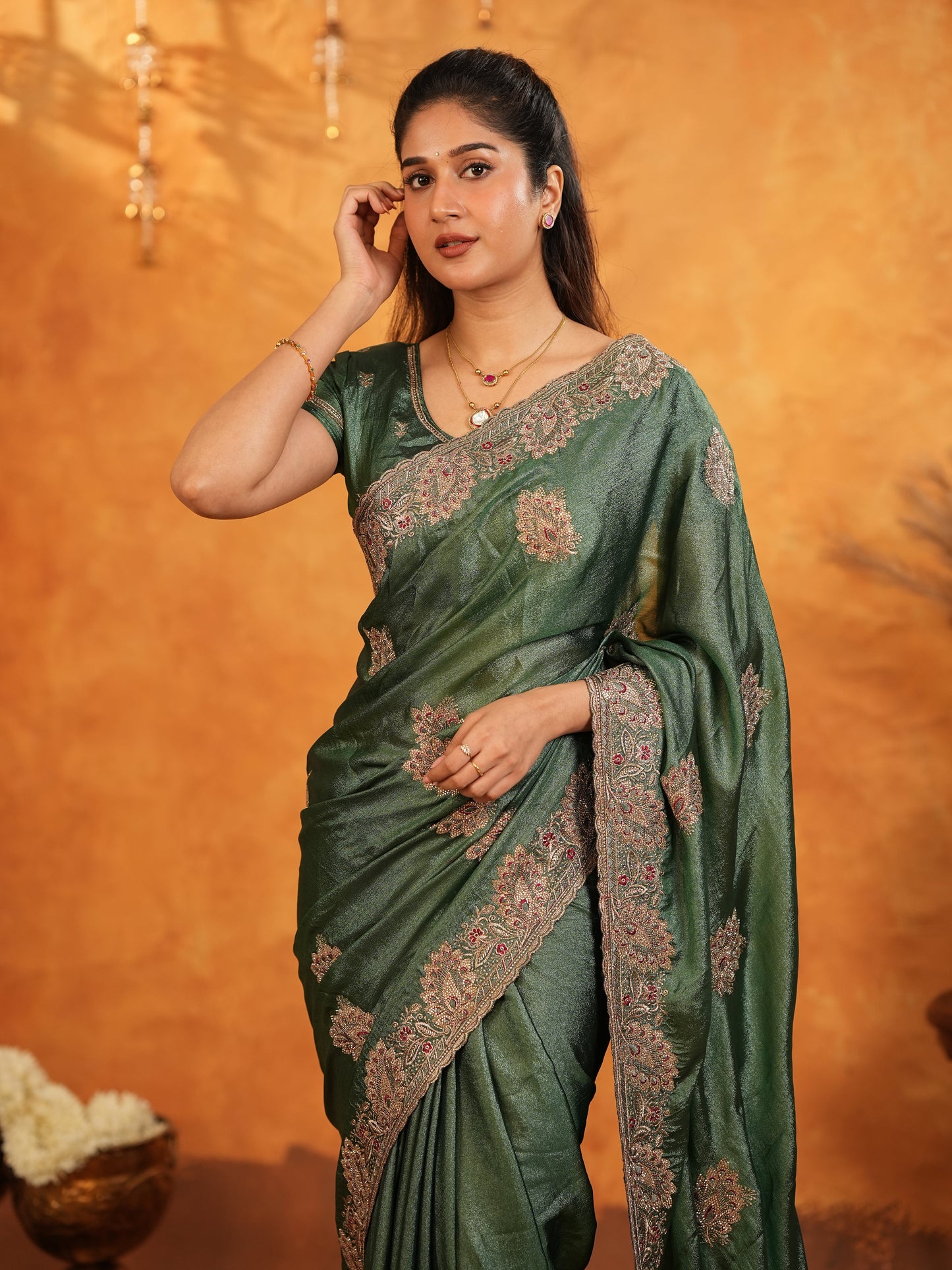 Bottle Green Fendy Satin Embroidered Saree with Intricate Floral Border & Tassels | Designer Saree with Heavy Embroidered Blouse
