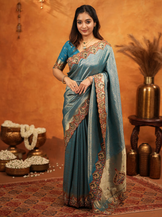 Teal Blue Banarasi Silk Saree with Intricate Zari Weaving & Heavy Embroidered Border | Designer Festive Wedding Wear Saree with Blouse & Tassels