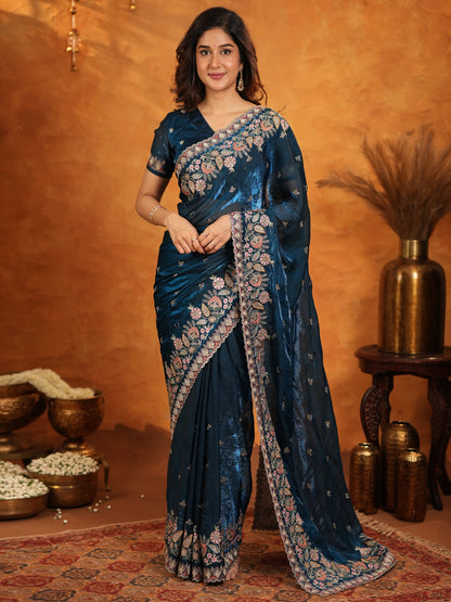 Royal Navy Blue Fendy Satin Embroidered Saree with Heavy Floral Border & Tassels | Designer Saree with Rich Embroidered Blouse