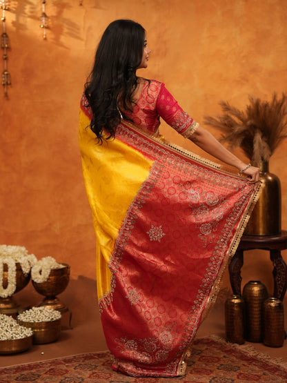 Vibrant Yellow Banarasi Silk Saree with Red Contrast Zari Border & Rich Woven Pallu | Designer Festive & Wedding Wear Saree