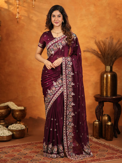 Deep Wine Purple Fendy Satin Embroidered Saree with Heavy Floral Border & Tassels | Designer Saree with Rich Embroidered Blouse