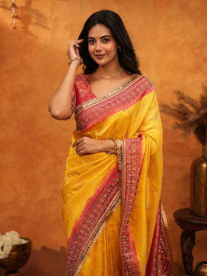 Vibrant Yellow Banarasi Silk Saree with Red Contrast Zari Border & Rich Woven Pallu | Designer Festive & Wedding Wear Saree
